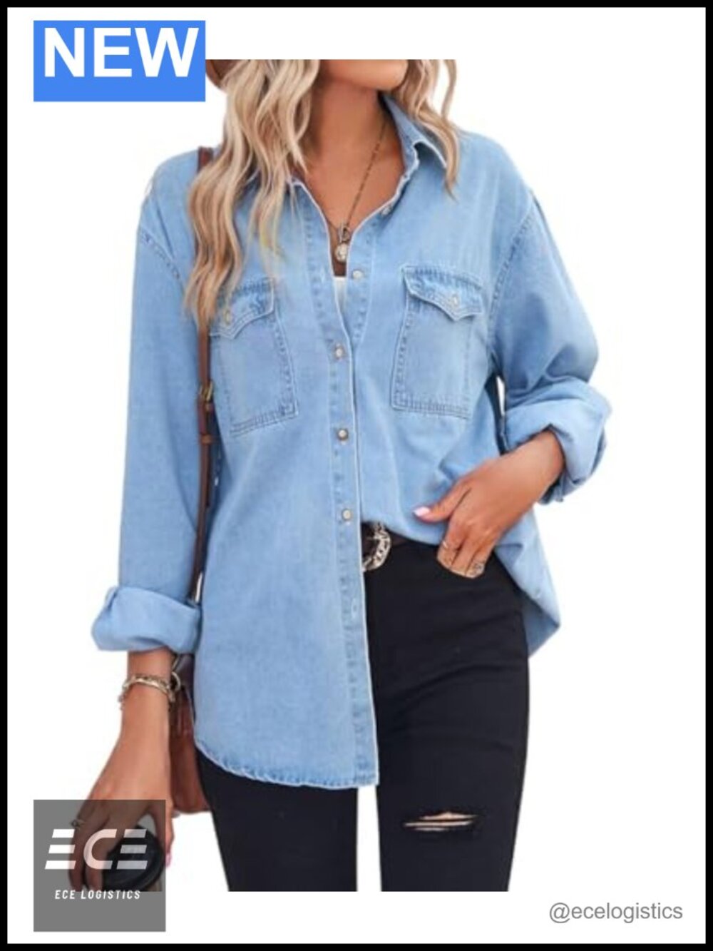 Women's Long Sleeve Denim Button Down Shirt Loose Fit High Low Hem